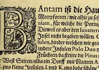 An illustration from Dritter Theil Indiae Orientalis, darinnen erstlich das ander Theil der Schifffahrten Joann Huygens von Lintschotten auss Hollandt, so er in Orient gethan, begriffen, vnd fürnemlich alle gelegenheit derselbigen Landen, Insulen, Meerpforten, &c. so vnterwegen auffstossen, vnd dann in India fürkommen, wie auch alles, was der Author allda im Landt, vnd nachmals auff seiner Widerreyse nach Hollandt gesehen vnd erfahren, eygentlich beschrieben wirdt. : II. Der Holländer Schifffahrt in die Orientalische Insulen, Iauan vnd Sumatra, sampt Sitten, Leben vnd Superstition, &c. der Völcker. III. Drey Schifffahrten der Holländer nach obermeldten Indien, durch das Mittnächtigsche oder Eissmeer, darinnen viel vnerhörte Ebentewer. Alles auffs trewlichst von neuwem auss den Niderländischen Exemplarien in Hochteutsch Bracht, vnd in guter Disposition zusammen gefügt. Sampt vielen schönen künstlichen Figurn, vnd Landtafeln, in Kupffer gestochen, vnd an Tag geben, durch Io. Theodor vnd. Io. Israel de Bry, Gebrüder (1599)