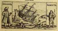 Picture 1 of 12 from Dritte Theil, Warhafftige Relation[.] Der dreyen newen vnerhörten, seltzamen Schifffahrt, so die holländische vnd seeländische Schiff gegen Mitternacht, drey Jahr nach einander, als Anno 1594. 1595. vnd 1596. verricht. : Wie sie Nordwegen, Lappiam, Biarmiam, vnd Russiam, oder Moscoviam (vorhabens ins Königreich Cathay vnd China zu kommen) vmbgesegelt haben. Auch wie sie das Fretum Nassoviae, Waygats, Novam Semblam, vnd das Landt vnter dem 8o. Gradu Latitud. so man vermeint das Gronland sey, gefunden: vnd was für gefahr, der erschrecklichen Bärn, Meerwunder, vnd dem Eyss, sie aussgestanden. (1612), leaf 7