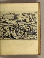An illustration from Dritte Theil, Warhafftige Relation[.] Der dreyen newen vnerhörten, seltzame[n] Schiffart, so die holländischen vnd seeländischen Schiff gegen Mitternacht, drey Jar nach einander, als An[n]o 1594. 1595. vnd 1596. verricht. : Wie sie Nordvvegen, Lappiam, Biarmiam, vnd Russiam, oder Moscoviam (vorhabens ins Königreich Cathay vnd China zu kommen) vmgebsegelt haben. Auch wie sie das Fretu[m] Nassoviae, Waygats, Novam Semblam, vnd das Landt vnter dem 8o. Gradu Latitud, so man vermeint das Gronland sey, gefunden: vnd was für gefahr, der erschrecklichen Bärn, Meerwunder, vnd dem Eyss, sie aussgestanden. (1602)