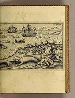 An illustration from Dritte Theil, Warhafftige Relation[.] Der dreyen newen vnerhörten, seltzame[n] Schiffart, so die holländischen vnd seeländischen Schiff gegen Mitternacht, drey Jar nach einander, als An[n]o 1594. 1595. vnd 1596. verricht. : Wie sie Nordvvegen, Lappiam, Biarmiam, vnd Russiam, oder Moscoviam (vorhabens ins Königreich Cathay vnd China zu kommen) vmgebsegelt haben. Auch wie sie das Fretu[m] Nassoviae, Waygats, Novam Semblam, vnd das Landt vnter dem 8o. Gradu Latitud, so man vermeint das Gronland sey, gefunden: vnd was für gefahr, der erschrecklichen Bärn, Meerwunder, vnd dem Eyss, sie aussgestanden. (1602)