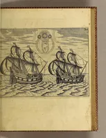 An illustration from Dritte Theil, Warhafftige Relation[.] Der dreyen newen vnerhörten, seltzame[n] Schiffart, so die holländischen vnd seeländischen Schiff gegen Mitternacht, drey Jar nach einander, als An[n]o 1594. 1595. vnd 1596. verricht. : Wie sie Nordvvegen, Lappiam, Biarmiam, vnd Russiam, oder Moscoviam (vorhabens ins Königreich Cathay vnd China zu kommen) vmgebsegelt haben. Auch wie sie das Fretu[m] Nassoviae, Waygats, Novam Semblam, vnd das Landt vnter dem 8o. Gradu Latitud, so man vermeint das Gronland sey, gefunden: vnd was für gefahr, der erschrecklichen Bärn, Meerwunder, vnd dem Eyss, sie aussgestanden. (1602)