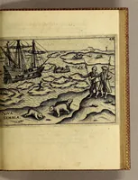 An illustration from Dritte Theil, Warhafftige Relation[.] Der dreyen newen vnerhörten, seltzame[n] Schiffart, so die holländischen vnd seeländischen Schiff gegen Mitternacht, drey Jar nach einander, als An[n]o 1594. 1595. vnd 1596. verricht. : Wie sie Nordvvegen, Lappiam, Biarmiam, vnd Russiam, oder Moscoviam (vorhabens ins Königreich Cathay vnd China zu kommen) vmgebsegelt haben. Auch wie sie das Fretu[m] Nassoviae, Waygats, Novam Semblam, vnd das Landt vnter dem 8o. Gradu Latitud, so man vermeint das Gronland sey, gefunden: vnd was für gefahr, der erschrecklichen Bärn, Meerwunder, vnd dem Eyss, sie aussgestanden. (1602)