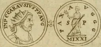 An illustration from Duplex dissertatio de duobus nummis Diocletiani et Licinii : ex cimelijs sereniss. ac reuerendiss. principis Leopoldi Cardinalis Medicei : cum auctario chronologico de votis decennalibus imperatorum ac caesarum (1675)