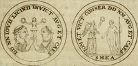 An illustration from Duplex dissertatio de duobus nummis Diocletiani et Licinii : ex cimelijs sereniss. ac reuerendiss. principis Leopoldi Cardinalis Medicei : cum auctario chronologico de votis decennalibus imperatorum ac caesarum (1675)
