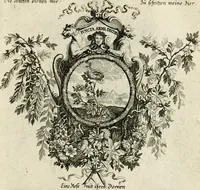 An illustration from Tapisseries du roy, ou sont representez les quatre elemens et les quatre saisons : avec les devises qvi les accompagnent & leur explication = Königliche französische Tapezereyen, oder überauss schöne Sinn-Bilder, in welchen die vier Element, samt den vier Jahr-Zeiten, neben den Dencksprüchen und ihren Ausslegungen, vorgestellet werden (1690)