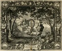 An illustration from Tapisseries du roy, ou sont representez les quatre elemens et les quatre saisons : avec les devises qvi les accompagnent & leur explication = Königliche französische Tapezereyen, oder überauss schöne Sinn-Bilder, in welchen die vier Element, samt den vier Jahr-Zeiten, neben den Dencksprüchen und ihren Ausslegungen, vorgestellet werden (1690)
