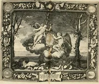 An illustration from Tapisseries du roy, ou sont representez les quatre elemens et les quatre saisons : avec les devises qvi les accompagnent & leur explication = Königliche französische Tapezereyen, oder überauss schöne Sinn-Bilder, in welchen die vier Element, samt den vier Jahr-Zeiten, neben den Dencksprüchen und ihren Ausslegungen, vorgestellet werden (1690)