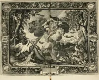 An illustration from Tapisseries du roy, ou sont representez les quatre elemens et les quatre saisons : avec les devises qvi les accompagnent & leur explication = Königliche französische Tapezereyen, oder überauss schöne Sinn-Bilder, in welchen die vier Element, samt den vier Jahr-Zeiten, neben den Dencksprüchen und ihren Ausslegungen, vorgestellet werden (1690)