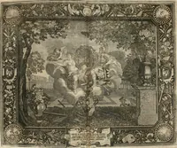 An illustration from Tapisseries du roy, ou sont representez les quatre elemens et les quatre saisons : avec les devises qvi les accompagnent & leur explication = Königliche französische Tapezereyen, oder überauss schöne Sinn-Bilder, in welchen die vier Element, samt den vier Jahr-Zeiten, neben den Dencksprüchen und ihren Ausslegungen, vorgestellet werden (1690)