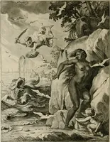 An illustration from Tableaux du temple des muses : tirez du cabinet de feu Mr. Fauereau, conseiller du roy en sa Cour des aydes, & grauez en tailles-douces par les meilleurs maistres de son temps, pour representer les vertus & les vices, sur les plus illustres fables de l'antiquité (1655)