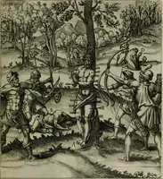 An illustration from Ecclesiae anglicanae trophæa, siue, Sanctor martyrum, qui pro Christo catholicæq fidei veritate asserenda : antiquo recentioriq persecutionum tempore, mortem in Anglia subierunt, passiones, Romæ in Collegio Anglico (1584)