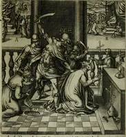 An illustration from Ecclesiae anglicanae trophæa, siue, Sanctor martyrum, qui pro Christo catholicæq fidei veritate asserenda : antiquo recentioriq persecutionum tempore, mortem in Anglia subierunt, passiones, Romæ in Collegio Anglico (1584)