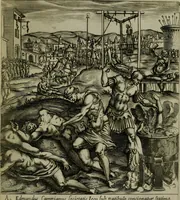 An illustration from Ecclesiae anglicanae trophæa, siue, Sanctor martyrum, qui pro Christo catholicæq fidei veritate asserenda : antiquo recentioriq persecutionum tempore, mortem in Anglia subierunt, passiones, Romæ in Collegio Anglico (1584)