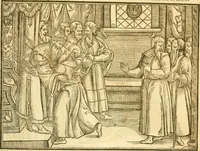 An illustration from The Ecclesiasticall historie : containing the Acts and monuments of martyrs, with a generall discourse of these later persecutions, horrible troubles and tumults, stirred up by Romish prelates in the Church: with divers other things incident, especially to this Realme of England and Scotland, as partly also to all other forraigne nations appertaining, from the time of Q. Maries entring upon the Crowne, to the reigne of our late gracious Soveraigne, Q. Elizabeth of blessed memorie (1641)