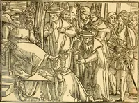 An illustration from The Ecclesiasticall historie : containing the Acts and monuments of martyrs, with a generall discourse of these later persecutions, horrible troubles and tumults, stirred up by Romish prelates in the Church: with divers other things incident, especially to this Realme of England and Scotland, as partly also to all other forraigne nations appertaining, from the time of Q. Maries entring upon the Crowne, to the reigne of our late gracious Soveraigne, Q. Elizabeth of blessed memorie (1641)