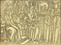 An illustration from The Ecclesiasticall historie : containing the Acts and monuments of martyrs, with a generall discourse of these later persecutions, horrible troubles and tumults, stirred up by Romish prelates in the Church: with divers other things incident, especially to this Realme of England and Scotland, as partly also to all other forraigne nations appertaining, from the time of Q. Maries entring upon the Crowne, to the reigne of our late gracious Soveraigne, Q. Elizabeth of blessed memorie (1641)