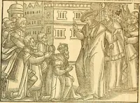 An illustration from The Ecclesiasticall historie : containing the Acts and monuments of martyrs, with a generall discourse of these later persecutions, horrible troubles and tumults, stirred up by Romish prelates in the Church: with divers other things incident, especially to this Realme of England and Scotland, as partly also to all other forraigne nations appertaining, from the time of Q. Maries entring upon the Crowne, to the reigne of our late gracious Soveraigne, Q. Elizabeth of blessed memorie (1641)