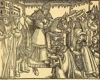 An illustration from The Ecclesiasticall historie : containing the Acts and monuments of martyrs, with a generall discourse of these later persecutions, horrible troubles and tumults, stirred up by Romish prelates in the Church: with divers other things incident, especially to this Realme of England and Scotland, as partly also to all other forraigne nations appertaining, from the time of Q. Maries entring upon the Crowne, to the reigne of our late gracious Soveraigne, Q. Elizabeth of blessed memorie (1641)