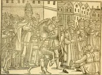 An illustration from The Ecclesiasticall historie : containing the Acts and monuments of martyrs, with a generall discourse of these later persecutions, horrible troubles and tumults, stirred up by Romish prelates in the Church: with divers other things incident, especially to this Realme of England and Scotland, as partly also to all other forraigne nations appertaining, from the time of Q. Maries entring upon the Crowne, to the reigne of our late gracious Soveraigne, Q. Elizabeth of blessed memorie (1641)