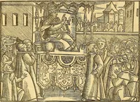 An illustration from The Ecclesiasticall historie : containing the Acts and monuments of martyrs, with a generall discourse of these later persecutions, horrible troubles and tumults, stirred up by Romish prelates in the Church: with divers other things incident, especially to this Realme of England and Scotland, as partly also to all other forraigne nations appertaining, from the time of Q. Maries entring upon the Crowne, to the reigne of our late gracious Soveraigne, Q. Elizabeth of blessed memorie (1641)