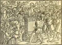 An illustration from The Ecclesiasticall historie : containing the Acts and monuments of martyrs, with a generall discourse of these later persecutions, horrible troubles and tumults, stirred up by Romish prelates in the Church: with divers other things incident, especially to this Realme of England and Scotland, as partly also to all other forraigne nations appertaining, from the time of Q. Maries entring upon the Crowne, to the reigne of our late gracious Soveraigne, Q. Elizabeth of blessed memorie (1641)