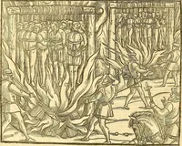 An illustration from The Ecclesiasticall historie : containing the Acts and monuments of martyrs, with a generall discourse of these later persecutions, horrible troubles and tumults, stirred up by Romish prelates in the Church: with divers other things incident, especially to this Realme of England and Scotland, as partly also to all other forraigne nations appertaining, from the time of Q. Maries entring upon the Crowne, to the reigne of our late gracious Soveraigne, Q. Elizabeth of blessed memorie (1641)