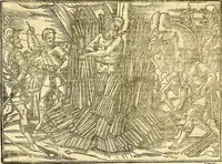 An illustration from The Ecclesiasticall historie : containing the Acts and monuments of martyrs, with a generall discourse of these later persecutions, horrible troubles and tumults, stirred up by Romish prelates in the Church: with divers other things incident, especially to this Realme of England and Scotland, as partly also to all other forraigne nations appertaining, from the time of Q. Maries entring upon the Crowne, to the reigne of our late gracious Soveraigne, Q. Elizabeth of blessed memorie (1641)