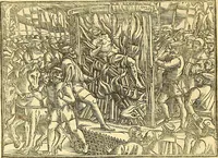 An illustration from The Ecclesiasticall historie : containing the Acts and monuments of martyrs, with a generall discourse of these later persecutions, horrible troubles and tumults, stirred up by Romish prelates in the Church: with divers other things incident, especially to this Realme of England and Scotland, as partly also to all other forraigne nations appertaining, from the time of Q. Maries entring upon the Crowne, to the reigne of our late gracious Soveraigne, Q. Elizabeth of blessed memorie (1641)