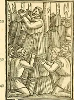 An illustration from The Ecclesiasticall historie : containing the Acts and monuments of martyrs, with a generall discourse of these later persecutions, horrible troubles and tumults, stirred up by Romish prelates in the Church: with divers other things incident, especially to this Realme of England and Scotland, as partly also to all other forraigne nations appertaining, from the time of Q. Maries entring upon the Crowne, to the reigne of our late gracious Soveraigne, Q. Elizabeth of blessed memorie (1641)