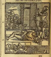 An illustration from The Ecclesiasticall historie : containing the Acts and monuments of martyrs, with a generall discourse of these later persecutions, horrible troubles and tumults, stirred up by Romish prelates in the Church: with divers other things incident, especially to this Realme of England and Scotland, as partly also to all other forraigne nations appertaining, from the time of Q. Maries entring upon the Crowne, to the reigne of our late gracious Soveraigne, Q. Elizabeth of blessed memorie (1641)