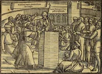 An illustration from The Ecclesiasticall historie : containing the Acts and monuments of martyrs, with a generall discourse of these later persecutions, horrible troubles and tumults, stirred up by Romish prelates in the Church: with divers other things incident, especially to this Realme of England and Scotland, as partly also to all other forraigne nations appertaining, from the time of Q. Maries entring upon the Crowne, to the reigne of our late gracious Soveraigne, Q. Elizabeth of blessed memorie (1641)