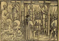 An illustration from The Ecclesiasticall historie : containing the Acts and monuments of martyrs, with a generall discourse of these later persecutions, horrible troubles and tumults, stirred up by Romish prelates in the Church: with divers other things incident, especially to this Realme of England and Scotland, as partly also to all other forraigne nations appertaining, from the time of Q. Maries entring upon the Crowne, to the reigne of our late gracious Soveraigne, Q. Elizabeth of blessed memorie (1641)
