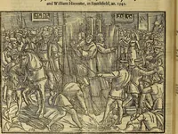 An illustration from The Ecclesiasticall historie : containing the Acts and monuments of martyrs, with a generall discourse of these later persecutions, horrible troubles and tumults, stirred up by Romish prelates in the Church: with divers other things incident, especially to this Realme of England and Scotland, as partly also to all other forraigne nations appertaining, from the time of Q. Maries entring upon the Crowne, to the reigne of our late gracious Soveraigne, Q. Elizabeth of blessed memorie (1641)