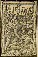 An illustration from The Ecclesiasticall historie : containing the Acts and monuments of martyrs, with a generall discourse of these later persecutions, horrible troubles and tumults, stirred up by Romish prelates in the Church: with divers other things incident, especially to this Realme of England and Scotland, as partly also to all other forraigne nations appertaining, from the time of Q. Maries entring upon the Crowne, to the reigne of our late gracious Soveraigne, Q. Elizabeth of blessed memorie (1641)