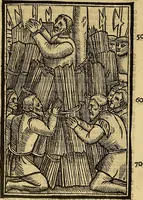 An illustration from The Ecclesiasticall historie : containing the Acts and monuments of martyrs, with a generall discourse of these later persecutions, horrible troubles and tumults, stirred up by Romish prelates in the Church: with divers other things incident, especially to this Realme of England and Scotland, as partly also to all other forraigne nations appertaining, from the time of Q. Maries entring upon the Crowne, to the reigne of our late gracious Soveraigne, Q. Elizabeth of blessed memorie (1641)
