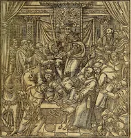 An illustration from The Ecclesiasticall historie : containing the Acts and monuments of martyrs, with a generall discourse of these later persecutions, horrible troubles and tumults, stirred up by Romish prelates in the Church: with divers other things incident, especially to this Realme of England and Scotland, as partly also to all other forraigne nations appertaining, from the time of Q. Maries entring upon the Crowne, to the reigne of our late gracious Soveraigne, Q. Elizabeth of blessed memorie (1641)