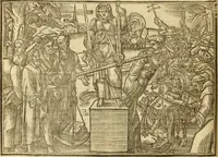 An illustration from The Ecclesiasticall historie : containing the Acts and monuments of martyrs, with a generall discourse of these later persecutions, horrible troubles and tumults, stirred up by Romish prelates in the Church: with divers other things incident, especially to this Realme of England and Scotland, as partly also to all other forraigne nations appertaining, from the time of Q. Maries entring upon the Crowne, to the reigne of our late gracious Soveraigne, Q. Elizabeth of blessed memorie (1641)
