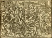 An illustration from The Ecclesiasticall historie : containing the Acts and monuments of martyrs, with a generall discourse of these later persecutions, horrible troubles and tumults, stirred up by Romish prelates in the Church: with divers other things incident, especially to this Realme of England and Scotland, as partly also to all other forraigne nations appertaining, from the time of Q. Maries entring upon the Crowne, to the reigne of our late gracious Soveraigne, Q. Elizabeth of blessed memorie (1641)