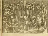 An illustration from The Ecclesiasticall historie : containing the Acts and monuments of martyrs, with a generall discourse of these later persecutions, horrible troubles and tumults, stirred up by Romish prelates in the Church: with divers other things incident, especially to this Realme of England and Scotland, as partly also to all other forraigne nations appertaining, from the time of Q. Maries entring upon the Crowne, to the reigne of our late gracious Soveraigne, Q. Elizabeth of blessed memorie (1641)
