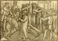 An illustration from The Ecclesiasticall historie : containing the Acts and monuments of martyrs, with a generall discourse of these later persecutions, horrible troubles and tumults, stirred up by Romish prelates in the Church: with divers other things incident, especially to this Realme of England and Scotland, as partly also to all other forraigne nations appertaining, from the time of Q. Maries entring upon the Crowne, to the reigne of our late gracious Soveraigne, Q. Elizabeth of blessed memorie (1641)