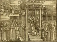 An illustration from The Ecclesiasticall historie : containing the Acts and monuments of martyrs, with a generall discourse of these later persecutions, horrible troubles and tumults, stirred up by Romish prelates in the Church: with divers other things incident, especially to this Realme of England and Scotland, as partly also to all other forraigne nations appertaining, from the time of Q. Maries entring upon the Crowne, to the reigne of our late gracious Soveraigne, Q. Elizabeth of blessed memorie (1641)