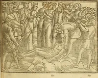 An illustration from The Ecclesiasticall historie : containing the Acts and monuments of martyrs, with a generall discourse of these later persecutions, horrible troubles and tumults, stirred up by Romish prelates in the Church: with divers other things incident, especially to this Realme of England and Scotland, as partly also to all other forraigne nations appertaining, from the time of Q. Maries entring upon the Crowne, to the reigne of our late gracious Soveraigne, Q. Elizabeth of blessed memorie (1641)
