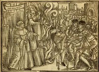 An illustration from The Ecclesiasticall historie : containing the Acts and monuments of martyrs, with a generall discourse of these later persecutions, horrible troubles and tumults, stirred up by Romish prelates in the Church: with divers other things incident, especially to this Realme of England and Scotland, as partly also to all other forraigne nations appertaining, from the time of Q. Maries entring upon the Crowne, to the reigne of our late gracious Soveraigne, Q. Elizabeth of blessed memorie (1641)