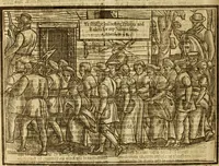An illustration from The Ecclesiasticall historie : containing the Acts and monuments of martyrs, with a generall discourse of these later persecutions, horrible troubles and tumults, stirred up by Romish prelates in the Church: with divers other things incident, especially to this Realme of England and Scotland, as partly also to all other forraigne nations appertaining, from the time of Q. Maries entring upon the Crowne, to the reigne of our late gracious Soveraigne, Q. Elizabeth of blessed memorie (1641)