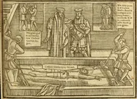 An illustration from The Ecclesiasticall historie : containing the Acts and monuments of martyrs, with a generall discourse of these later persecutions, horrible troubles and tumults, stirred up by Romish prelates in the Church: with divers other things incident, especially to this Realme of England and Scotland, as partly also to all other forraigne nations appertaining, from the time of Q. Maries entring upon the Crowne, to the reigne of our late gracious Soveraigne, Q. Elizabeth of blessed memorie (1641)