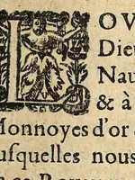 An illustration from Edict du roy portant nouvelle fabrication d'especes d'argent: augmentation du marc d'argent le roy, & des quarts d'escu, testons, & francs aux coins & armes de sa maiesté estans de leur juste poides: & continuation du cours des especes d'argent legers avec le remede des grains, jusques au dernier Mars prochain; & outre un droit de Seigneuriage sur les ouvrages d'Orfeurerie, & Tireurs d'or: Avec un nouvelle evaluation ... (1641)