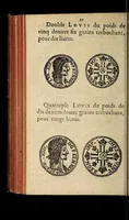 An illustration from Edict du roy portant nouvelle fabrication d'especes d'argent: augmentation du marc d'argent le roy, & des quarts d'escu, testons, & francs aux coins & armes de sa maiesté estans de leur juste poides: & continuation du cours des especes d'argent legers avec le remede des grains, jusques au dernier Mars prochain; & outre un droit de Seigneuriage sur les ouvrages d'Orfeurerie, & Tireurs d'or: Avec un nouvelle evaluation ... (1641)