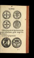An illustration from Edict du roy portant nouvelle fabrication d'especes d'argent: augmentation du marc d'argent le roy, & des quarts d'escu, testons, & francs aux coins & armes de sa maiesté estans de leur juste poides: & continuation du cours des especes d'argent legers avec le remede des grains, jusques au dernier Mars prochain; & outre un droit de Seigneuriage sur les ouvrages d'Orfeurerie, & Tireurs d'or: Avec un nouvelle evaluation ... (1641)