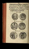 An illustration from Edict du roy portant nouvelle fabrication d'especes d'argent: augmentation du marc d'argent le roy, & des quarts d'escu, testons, & francs aux coins & armes de sa maiesté estans de leur juste poides: & continuation du cours des especes d'argent legers avec le remede des grains, jusques au dernier Mars prochain; & outre un droit de Seigneuriage sur les ouvrages d'Orfeurerie, & Tireurs d'or: Avec un nouvelle evaluation ... (1641)