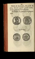An illustration from Edict du roy portant nouvelle fabrication d'especes d'argent: augmentation du marc d'argent le roy, & des quarts d'escu, testons, & francs aux coins & armes de sa maiesté estans de leur juste poides: & continuation du cours des especes d'argent legers avec le remede des grains, jusques au dernier Mars prochain; & outre un droit de Seigneuriage sur les ouvrages d'Orfeurerie, & Tireurs d'or: Avec un nouvelle evaluation ... (1641)